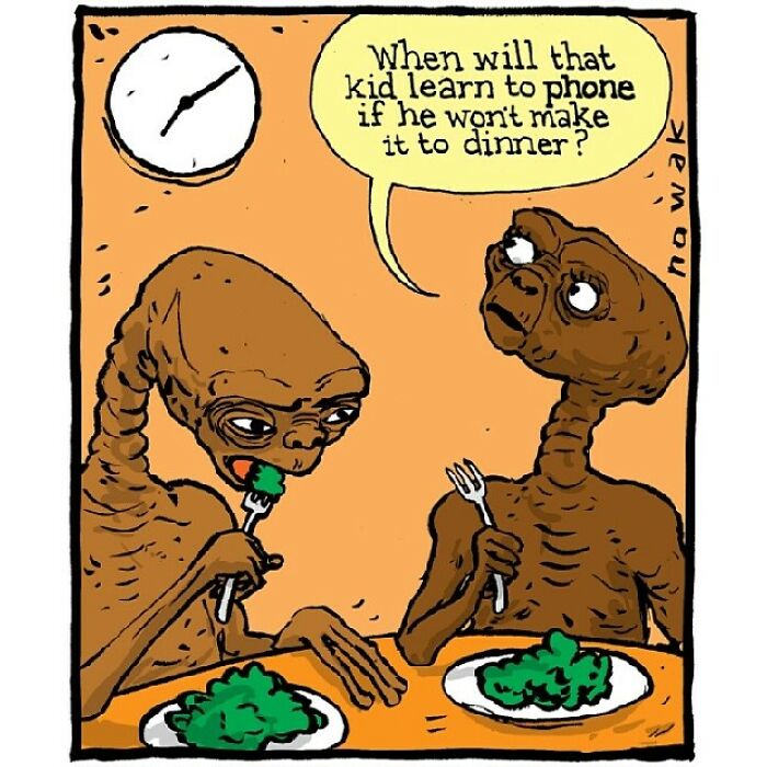 Cartoon from artist with peculiar sense of humor showing two aliens eating broccoli with absurd dialogue about phoning.
