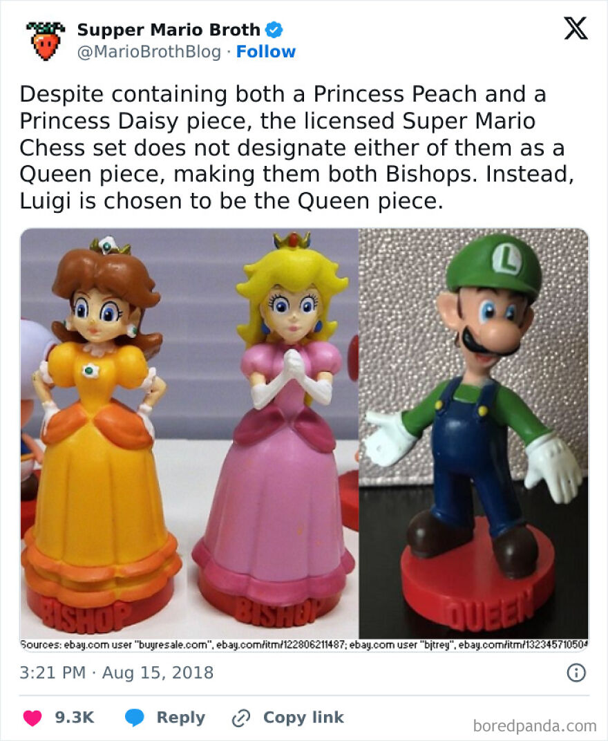 Tweet from a comedian about the humorous Super Mario chess set choosing Luigi as the queen piece instead of princesses.