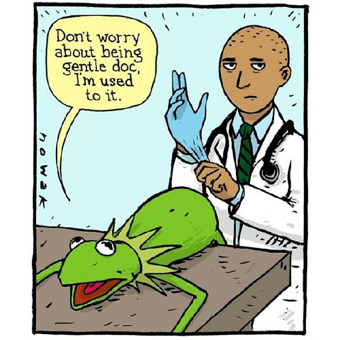 Cartoon showing an artist’s peculiar sense of humor with an absurd frog at the doctor’s office getting examined.
