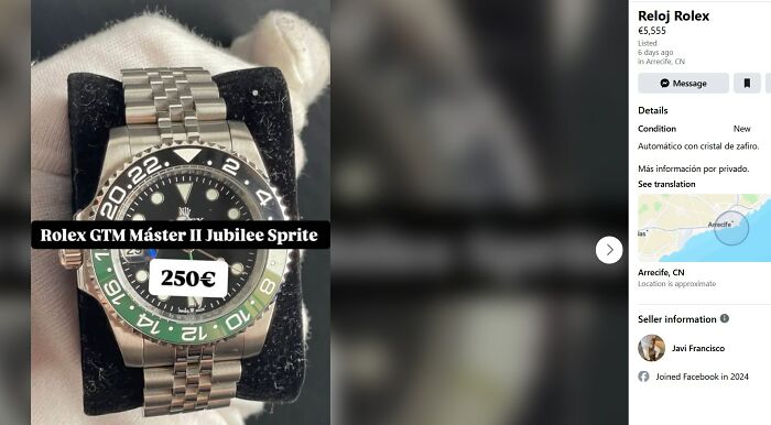 Close-up of a Rolex watch listed among the wildest things people found for sale on Facebook Marketplace.