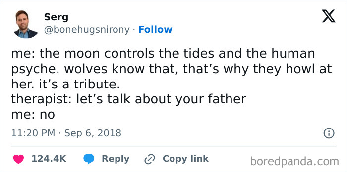 Tweet about mental breakdown humor linking the moon, tides, wolves, and therapy for funny pics to scroll through.