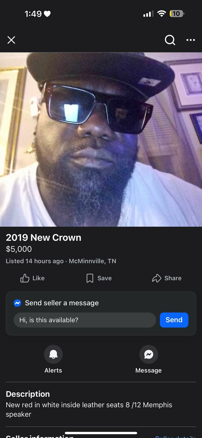 Man wearing sunglasses and hat with a Facebook Marketplace listing showing one of the wildest things found for sale.