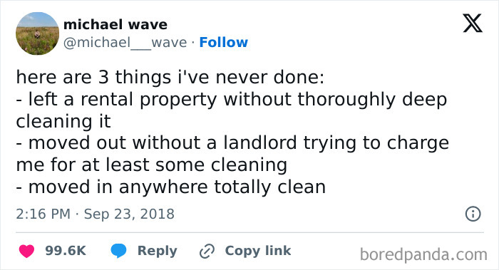 Tweet discussing common rental issues with bad landlords, including unfair cleaning charges and never finding a perfectly clean rental.