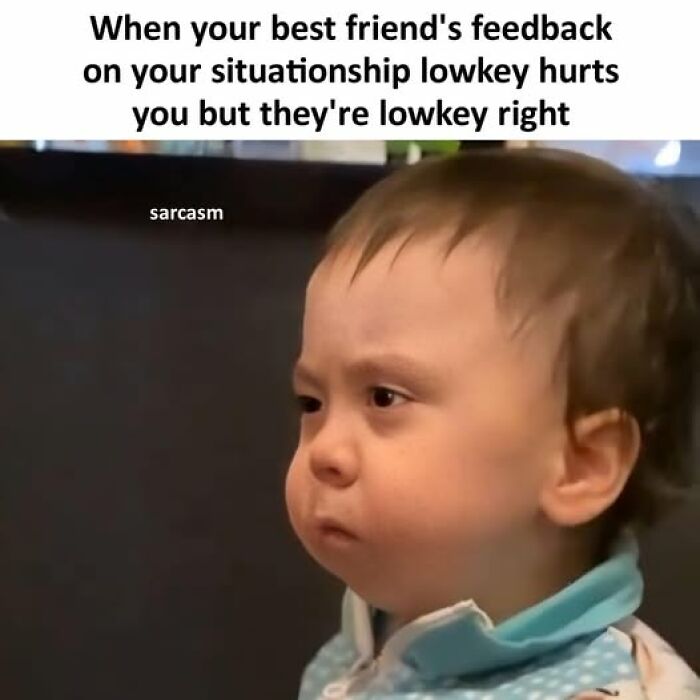 Toddler with a serious expression reacting to best friend's lowkey feedback in a hilarious meme from a popular Facebook page.
