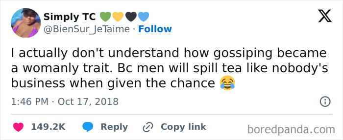 Tweet about gossiping not being a womanly trait paired with relatable posts to make your day better.