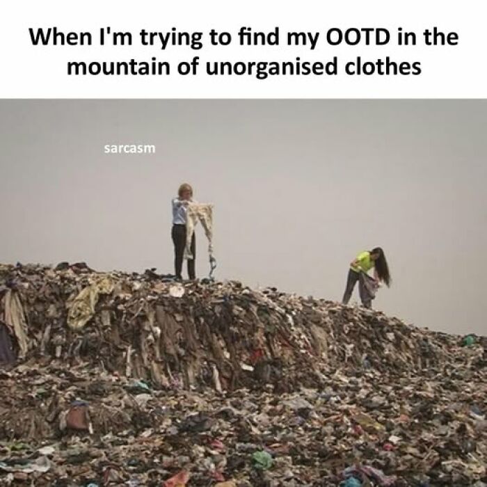 Two people searching for clothes on a large pile of unorganized clothes in a hilarious memes Facebook post.