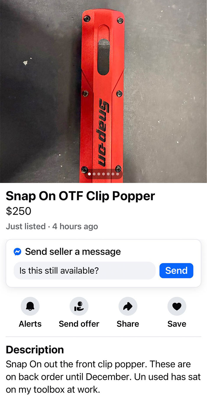 Red Snap On OTF clip popper tool listed for sale on Facebook Marketplace among wildest things found.