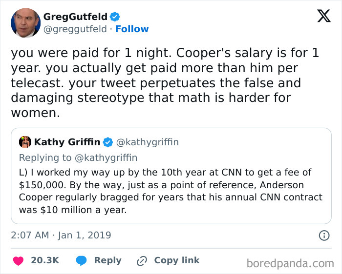 Screenshot of a tweet calling out a woman for spreading false stereotypes about women and math earnings online.