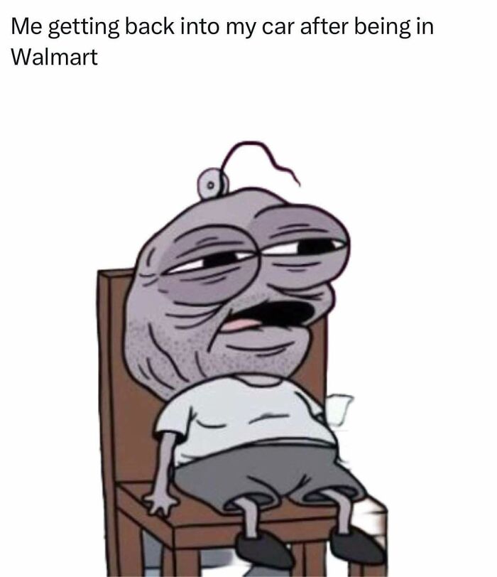 Tired cartoon character sitting on a chair looking exhausted after shopping, funny pics for mental breakdown humor.