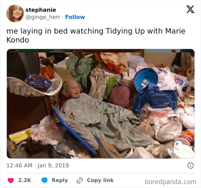 Elderly woman lying in cluttered room surrounded by mess, illustrating funny parenting memes that are painfully relatable.