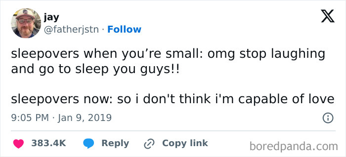 Tweet highlighting relatable posts about changing sleepover experiences, capturing humor to make your day better.