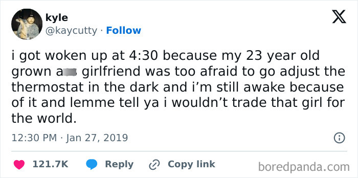 Tweet about being woken up early and relatable shower feels with humor and affection in a casual social media post.