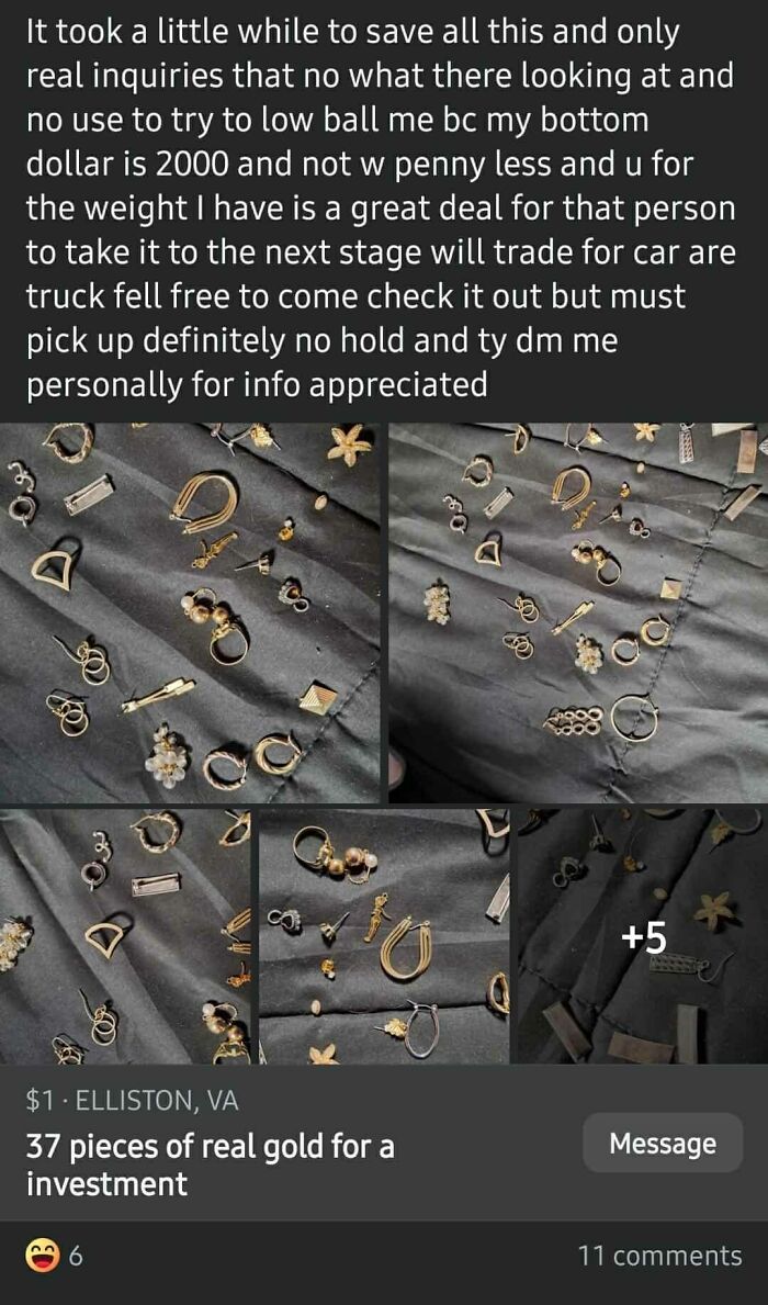 Collection of 37 pieces of real gold jewelry for sale, featured in wildest things found on Facebook Marketplace posts.