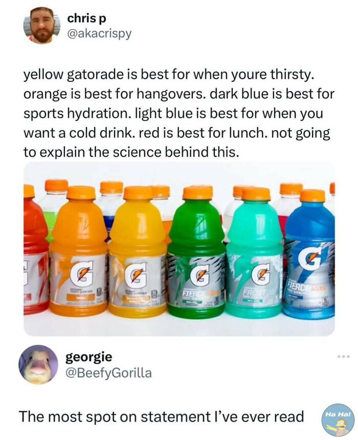 Screenshot of mocking posts jokes memes with colorful Gatorade bottles and humorous text about their best use.