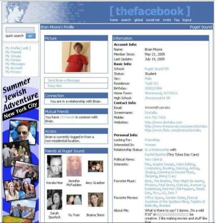 Screenshot of an early social media profile highlighting lesser-known digital history and profile details from 2005.