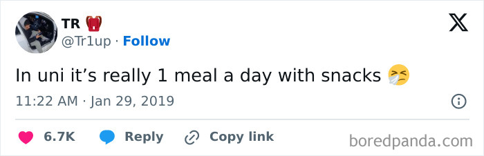 Tweet from a student humorously describing eating one meal a day with snacks, a relatable student meme.