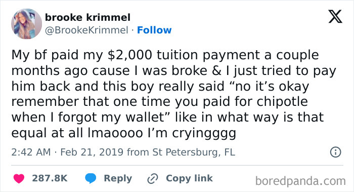 Screenshot of a tweet about a boyfriend paying $2,000 tuition, shared to give a daily serotonin boost from an IG page.