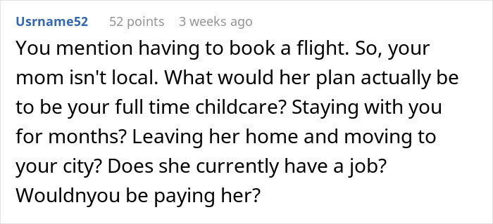 Comment discussing concerns about obese mom babysitting newborn and complexities of full-time childcare arrangements.