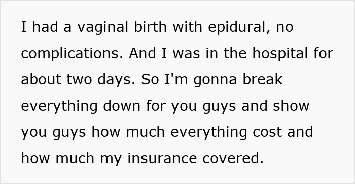 Text excerpt discussing the high cost of giving birth in the US and insurance coverage details from a new mom.