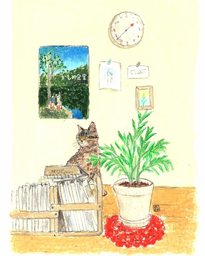 Hand-drawn adorable artwork for cat lovers showing a tabby cat beside a potted plant and bookshelf in a cozy room.