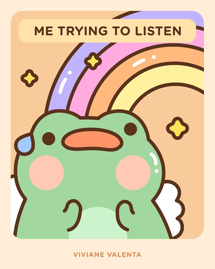 Cute frog illustration with blush and sweat drop under a pastel rainbow, featuring relatable food puns by Viviane Valenta.