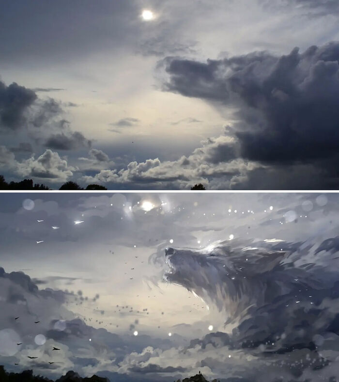 Sky clouds transforming into a fantastical wolf shape, showcasing an artist's creative repainting and fantasy world creation.