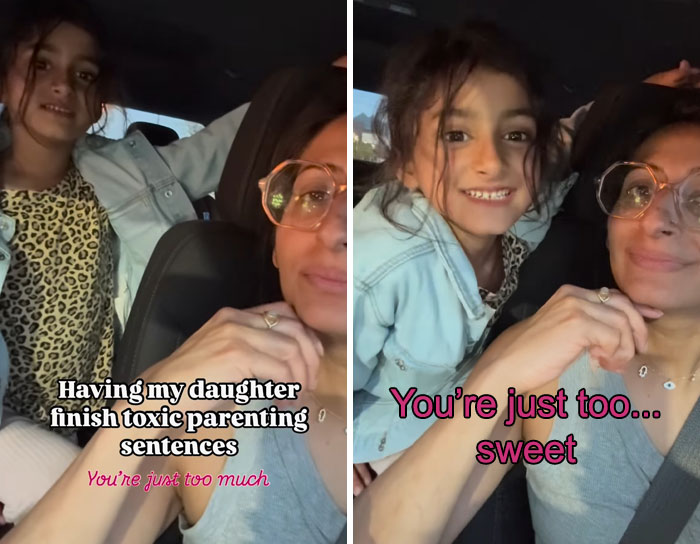 Mother and daughter in a car completing toxic parenting sentences with healing and sweet responses together.