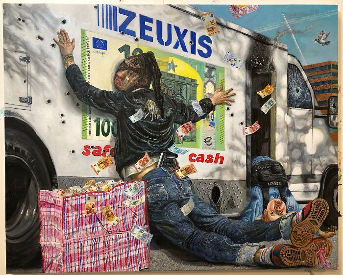 Humorous layers and social tensions shown in an artist’s illustration of a staged heist scene with money and figures.