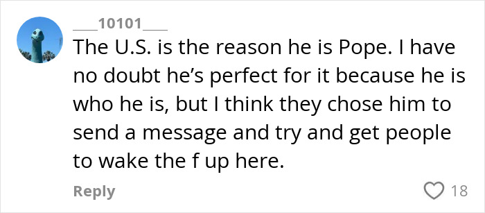 User comment discussing the Pope&rsquo;s message to the United States urging people to wake up about important issues.