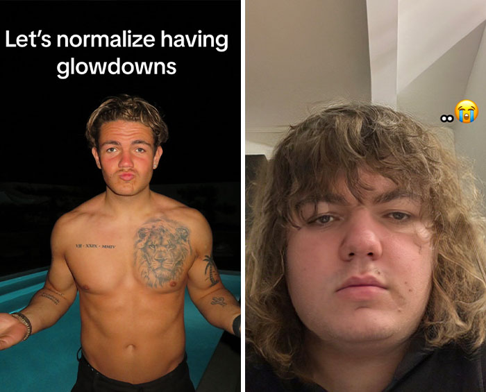 Side-by-side photos of a young man showing a glow down transformation as part of the glow downs trend.