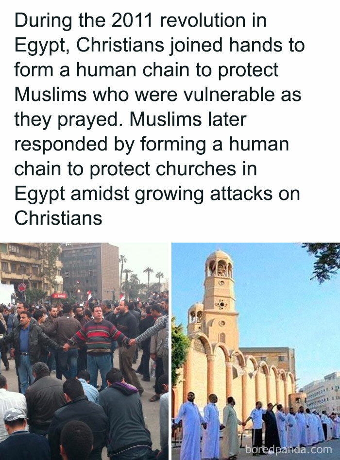 Groups forming human chains in Egypt to protect vulnerable communities during disturbing and unsettling events that actually happened.