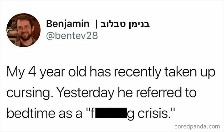 Tweet about a 4-year-old cursing and calling bedtime a frustrating crisis, illustrating humor in inconvenient moments meltdown memes.