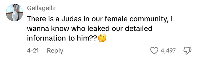 Comment from Gellagellz questioning who leaked detailed information within a female community, expressing concern and suspicion.