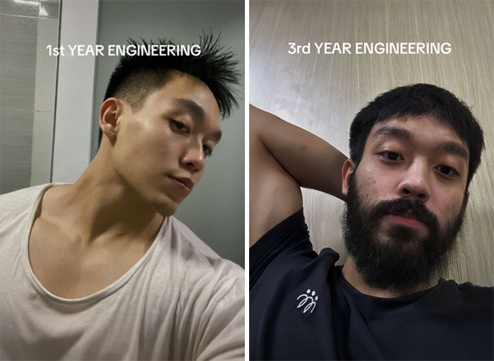 Side-by-side before and after pics of an engineering student from 1st year clean-shaven to 3rd year with a beard.