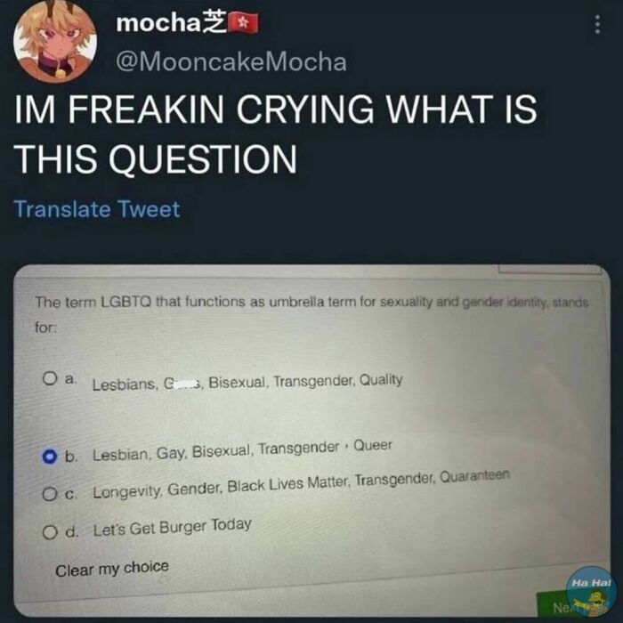 Tweet reacting with disbelief to a confusing multiple-choice question, showcasing mocking posts jokes memes.