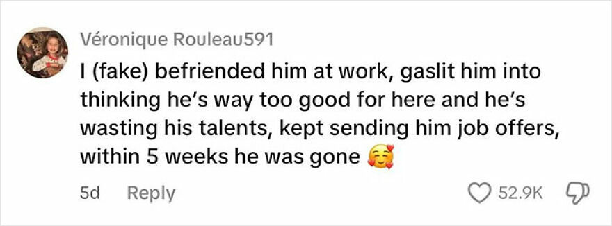 Comment describing how someone dealt with a toxic coworker by befriending and subtly encouraging him to leave the job.