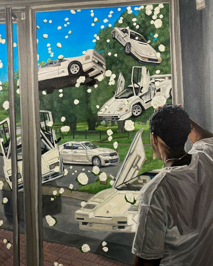 Surreal painting showing a man looking out at floating white cars and white flowers with vibrant colours and dynamic space.