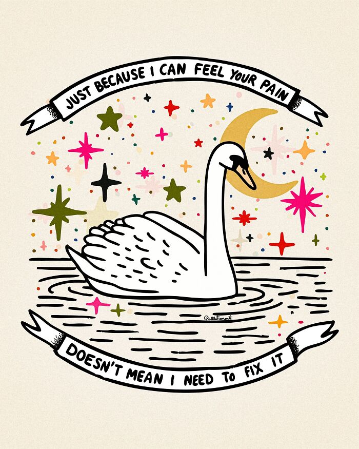 Illustration of a swan in water surrounded by colorful stars and moon, expressing vulnerable thoughts in art therapy.