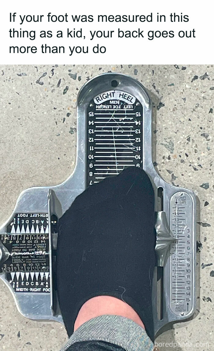 Foot being measured with a vintage metal shoe sizer, a nostalgic item from the good old 80s celebrating retro childhood moments.