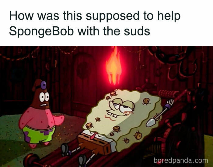 SpongeBob and Patrick in a nostalgic cartoon scene showing SpongeBob covered in suds and looking tired.