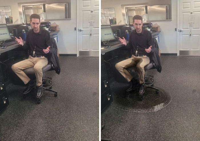 Man sitting at desk in office, humorously edited with Photoshop to appear as if leaking a water puddle, funny Photoshop edits.