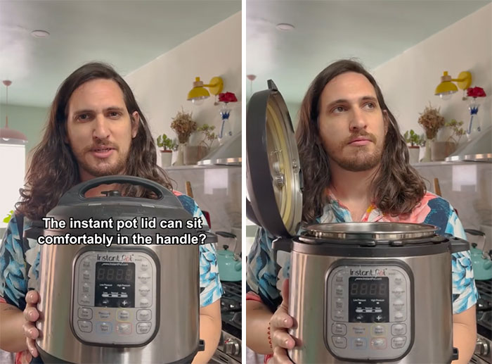 Man demonstrating instant pot lid fitting in handle, sharing useful kitchen tips for 30s and beyond in a home kitchen setting.