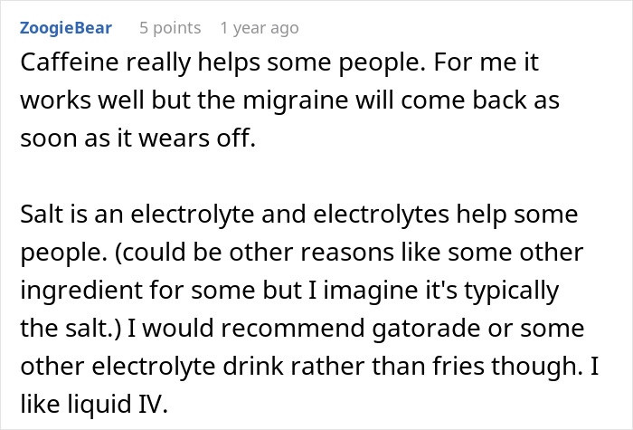 User comment discussing caffeine, salt, and electrolytes in relation to migraine relief and electrolyte drinks like Gatorade.