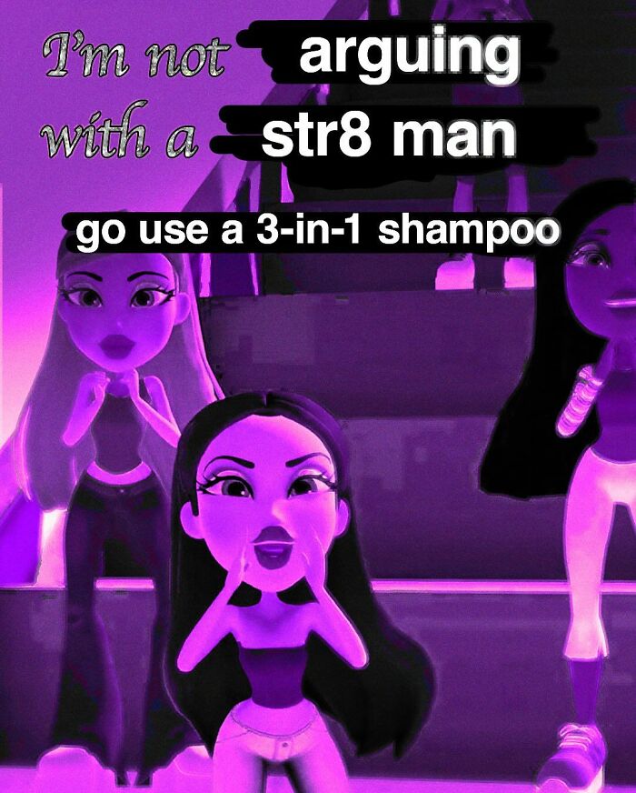 Cartoon girls with purple lighting and humorous text about arguing with a str8 man, reflecting cute and wholesome posts.