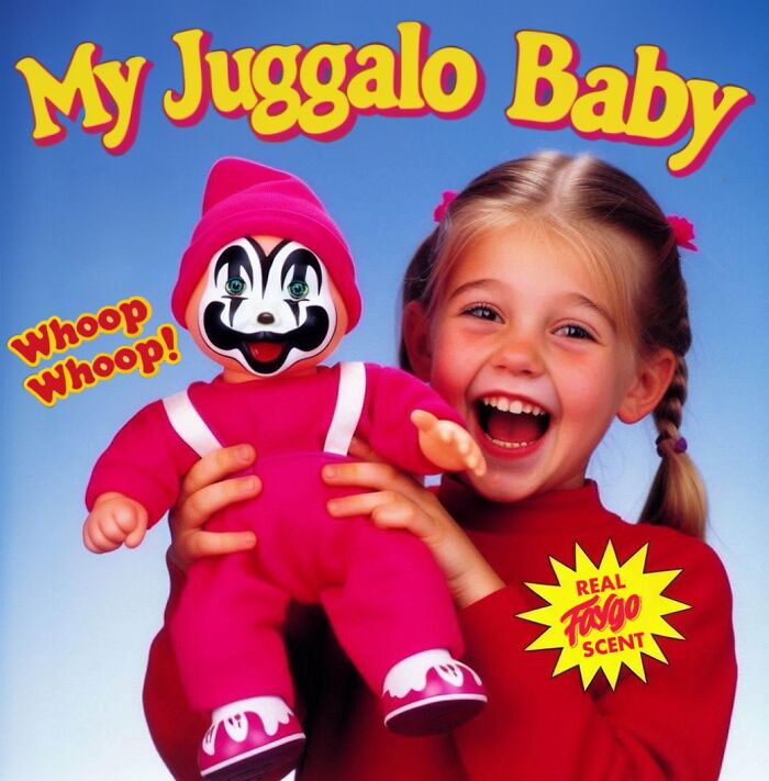 Young girl excitedly holding a hilariously dark toy clown doll in bright pink, illustrating dark toys never meant for kids.
