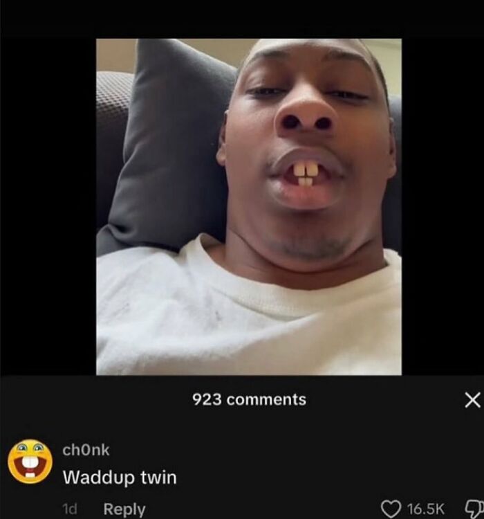 Man with prominent front teeth lying on a couch, featured in a chaotic memes post with many comments.