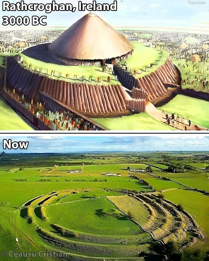 Rathcroghan ancient history site in Ireland in 3000 BC and its remains in a modern green landscape today.