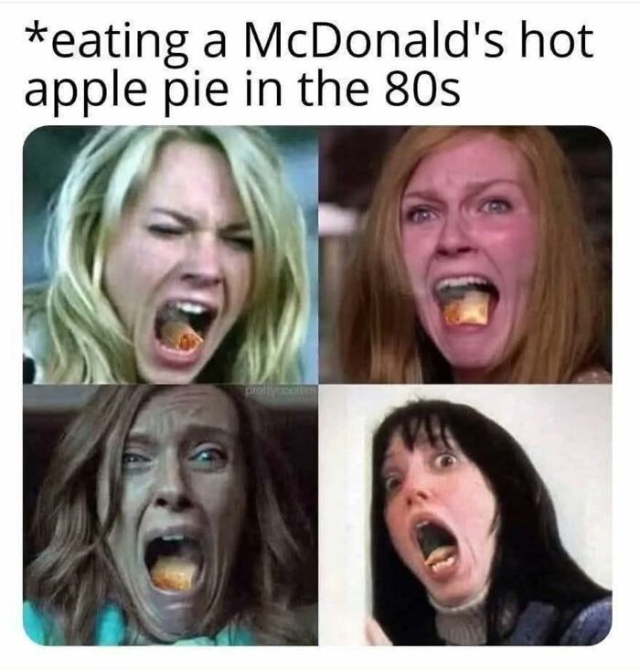 Four shocked women with hot apple pie in their mouths, a hilariously relatable meme about working in hospitality.