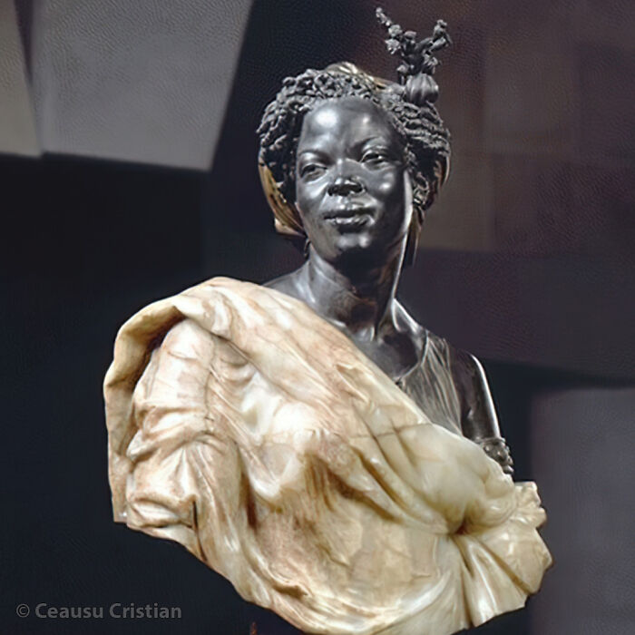 Bust sculpture of a woman with detailed hair and draped clothing representing a unique side of history unseen in textbooks.