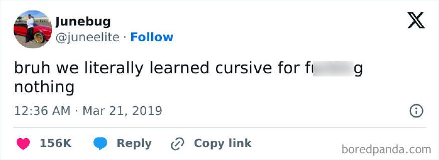 Tweet showing a humorous complaint about learning cursive, illustrating memes about being one inconvenience from a full meltdown.